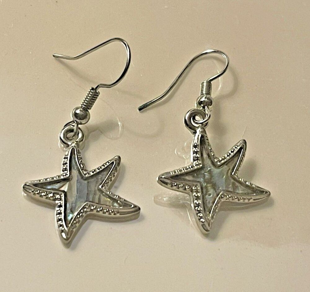 Sea Life Lovers - Starfish Sterling Silver Dangle Earrings Abalone Shell Inlay